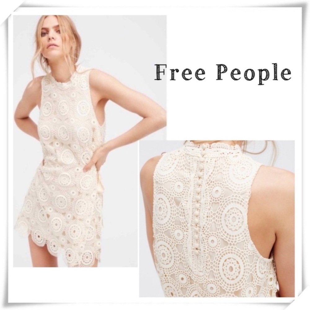 Free People Selma Crochet Eyelet Shift Mini Dress in Cream Ivory Size 12